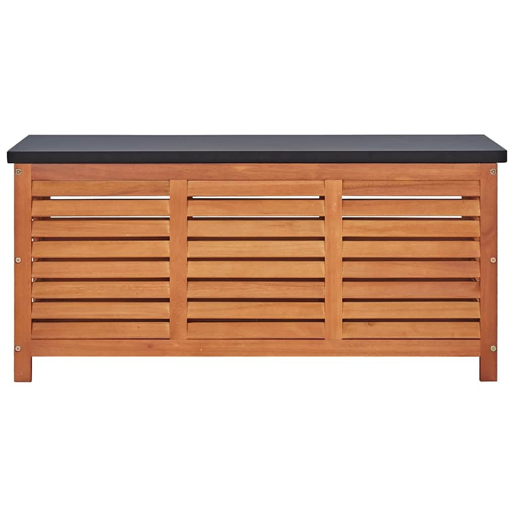 Caja de jardín con placa de metal 117 x 50 x 55 cm, espacio para cojines y cojines, madera maciza de eucalipto como banco y caja de almacenamiento