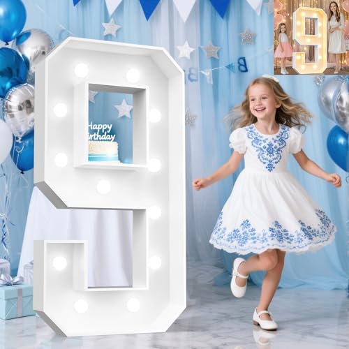 Image of Pooqla 4 FT Light Up Marquee Numbers, Cool White and Warm White LED Large Lighted Marquee Numbers, Giant Mosaic Light Up Numbers for Balloons 9th 19th 90th Birthday Party Decoration, LED Number 9