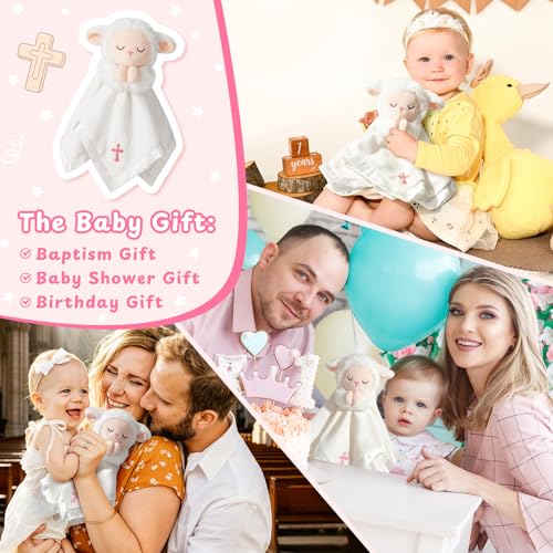 Image of Lamb Baptism Blanket, Lamb Loveys for Baby Girls, Security Blanket with Embroidered Pink Cross, Soft Baby Blanket for Newborns Toddlers, Baptism Gifts for Christening Baby Showers, 12in