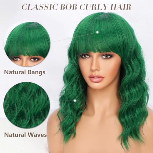 Image of Nnzes Short Wavy Bob Wig with Bangs for Women Shoulder Length Curly Green Synthetic Heat-Resistant Fiber Hair for Daily & Party Use
