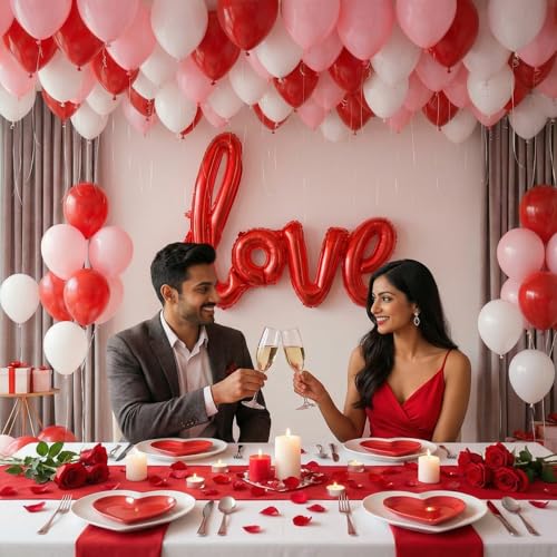 Image of Party Propz Anniversary Decoration Items - 101 Pcs Balloons for Anniversary Decoration with Love Banner, Valentine Day Decorations Items, Red Love Foil Banner for Decorations (Foil, Latex)