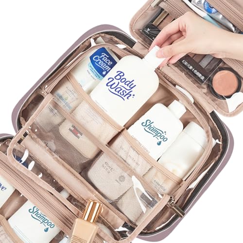 Image of NISHEL Travel Toiletry Bag for women, Portable Hanging Organizer for Full-Sized Shampoo, Conditioner, Brushes Set, Makeup Accessories, Large Size, Peach Pink