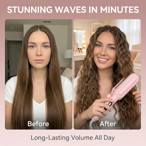 Image of 1&1.25 Inch Hair Crimper for Women - Curling Iron Waver Hair Tool to Adjustable Groove - Rizadora para Cabello - Anti-Scald Tech Hair Waver - Ionic Ceramic Coating for Long-Lasting,Fast Heating,Pink