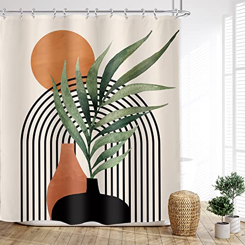 Glawry Boho Mid Century Shower Curtain 60Wx72L Inches Abstract Modern Botanical Geometric Contemporary Minimalist Bathroom Decor Tropical Leaf Bath Accessories Art Home Decor Fabric 12 Pack Hooks #TOP11