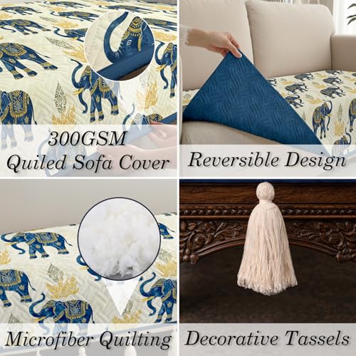 Image of Cloth Fusion 300 GSM Quilted Jaipuri Theme Printed 1 Seater Sofa Cover Mat-Style Fully Covered with Armrest Pockets, Adjustable Straps & Lock Fit (60 cm Seat Run, Elephant Motif)
