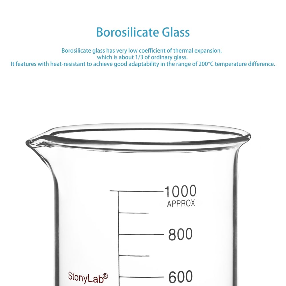 stonylab Szklana Zlewka 1 Opakowanie, Borokrzemianowa Szklana Miarowa Zlewka Niska Griffina z Wylewem, 1000 ml