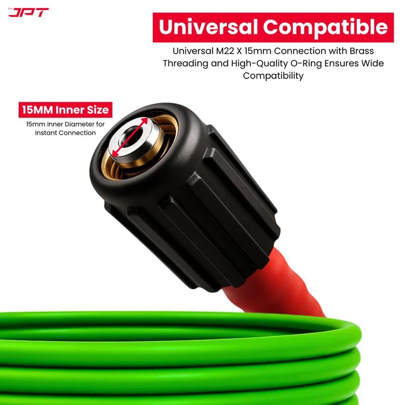 Image of JPT Ultra Heavy-Duty 8MTR Flexible High Pressure Washer Hose Pipe | German Standard M22 x 15MM Thread | Up To 600Bar /8700PSI | Double PVC Layer Build | Tangle & Kink Free Design