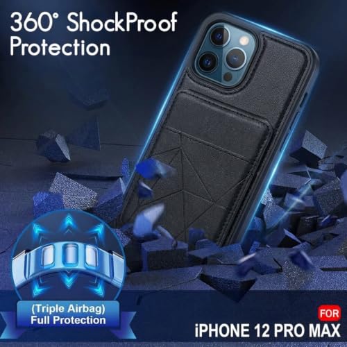 Image of amazon basics Premium Vegan Leather Back Cover with Card Holder and Integrated Mobile Stand for iPhone 12 Pro Max - Slim Shockproof Wallet Case with Geometric Stitching [Black]