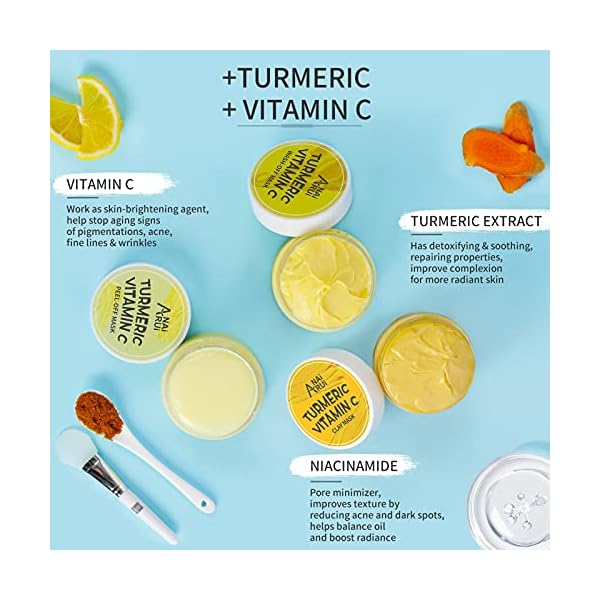 ANAI RUI Turmeric Vitamin C Facial Mask 3-in-1 Travel Mini Kit - Clay Mask, Peel Off Mask, Wash-Off Cream Mask, for Acne & Dark Spots, Oily Skin, Facial Spa Treatment 1.75 oz × 3 ea