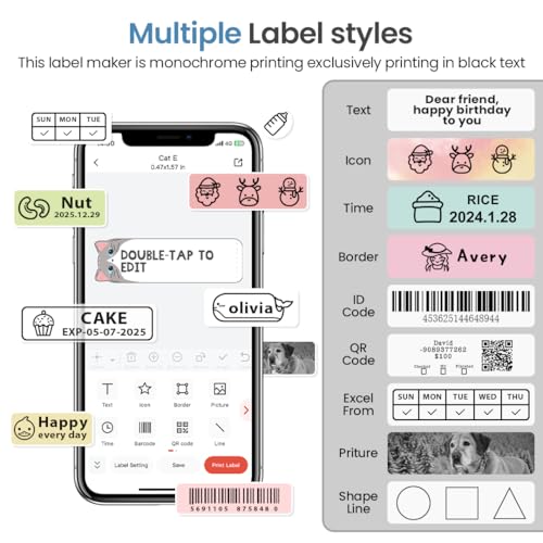 Phomemo D35 Etikettendrucker, Mini Bluetooth Kabelloser Selbstklebendes Etikettiergerät - Tragbarer Labeldrucker Mini Label Printer, Mehrere Vorlagen Schriftart-Symbol Für Zuhause, Büro