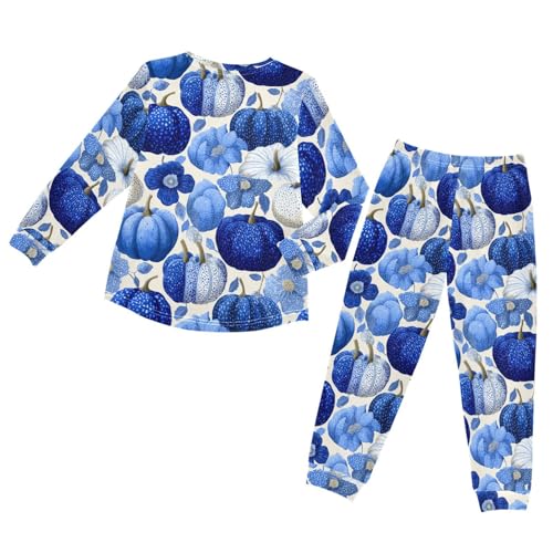 Blue Pumpkins Flowers Fall Soft Pajama Set for All Seasons,Breathable Pjs Long Sleeve Sleepwear,Comfy Loungewear 2 Piece Underwear Set 8T2