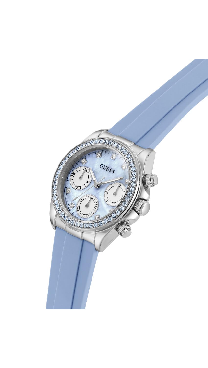 Guess Victoria, Damen Armbanduhr, Quarz Analog, Edelstahl, 36mm, Silikonarmband, Blau, 3 bar, Zifferblattfarbe: Blau, Datumsanzeige, GW1038L1