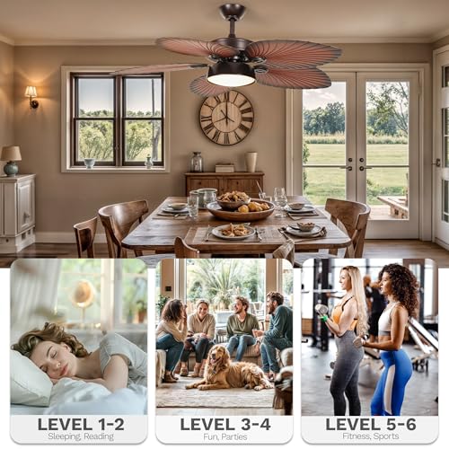 DWVO 52" Tropical Ceiling Fan with Light & Remote, LED Tri-Color Temperature, 5 Blade Ceiling Fans Reversible 6 Speeds w/Quiet DC Motor, 6'' & 12'' Downrods for Bedroom, Living Room