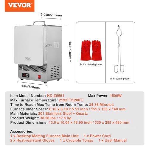 Image of VEVOR Electric Kiln, 1500W Melting Furnace Max Temperature 2192℉ /1200℃, Stainless Steel, for Wax Casting, Clay DIY, Metal Tempering, Glazing on Pottery, Silver