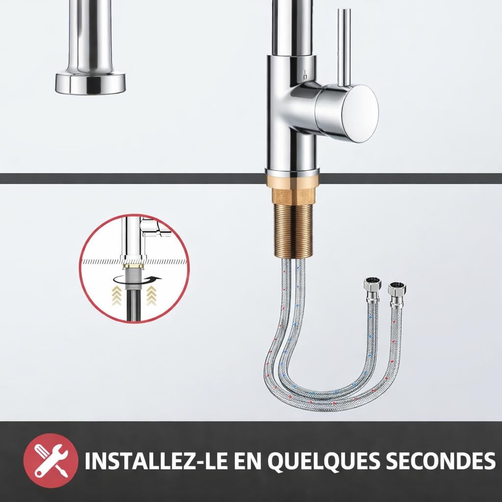 Cobbe Robinet de cuisine, mitigeur de cuisine à haute pression avec douchette rétractable, 2 fonctions de pulvérisation, rotatif à 360°, mitigeur de cuisine pour évier, en acier inoxydable