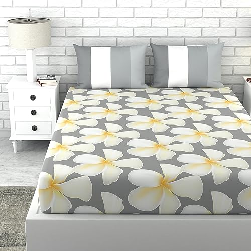 LORETO – A QUALITY LINEN BRAND 144 TC 100% Cotton Bedsheet for Double Bed with 2 Pillow Covers - White & Grey, Floral