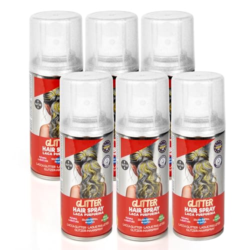 Pack 6 Laca de Pelo Color Plata Purpurina 100ml - Spray Colores para Cabello Rápida coloración, Lavable
