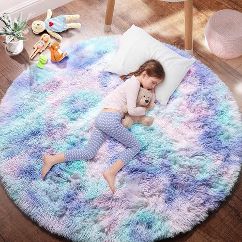 PAGISOFE Round Rugs 5Ft Cute Shaggy Circle Rug for Girls Bedroom, Purple Rainbow Rugs for Kids Room, Teen Girls, Playroom, Nursery, Fluffy Furry Pastel Mermaid Rug, Soft Plush Kawaii Tent Carpet