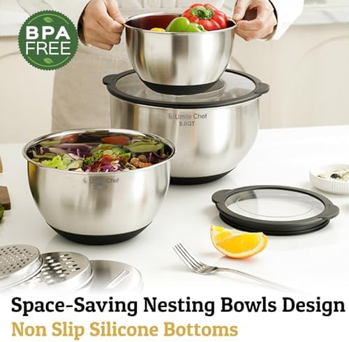 Mixing Bowls with Lids Set - Non-Slip, Airtight Warp-Proof TPR-AS Lids, Thicker Stainless Steel Bowls, Measurement Lines & 3 Graters, Prep Meal Bowl, Black Nesting Bowl for Kitchen, 5/3/2/1.5/0.63QT - Thumbnail 5
