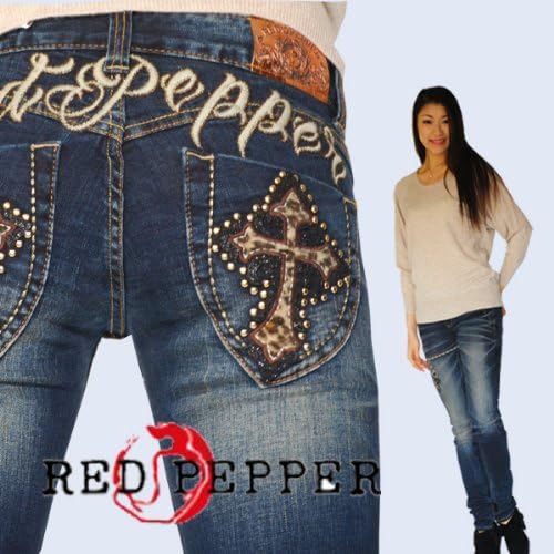 Amazon レッドペッパージーンズ Redpepperjeans 正規品 5723 ひょう柄 豹柄 クロス 十字架バックロゴ刺繍スキニーデニムパンツ モチーフレディース Red Pepper Jeans デニム パンツ ジーパン ブランドジーンズ 27 65 ジーンズ 通販