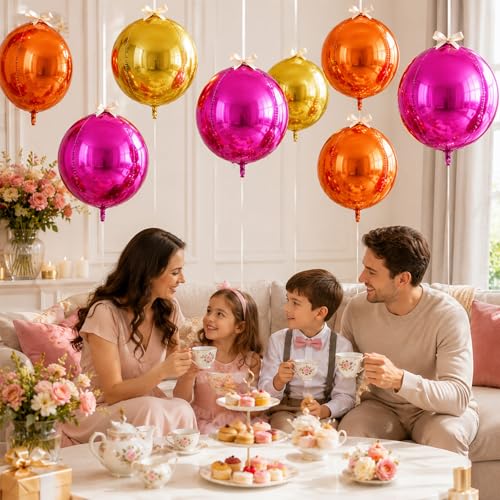 Image of 9 Pcs Pink Orange Gold Round Foil Balloons 22 In Metallic Hot Pink Gold Orange Chrome 4D Ball Balloon Mylar for Tropical Fiesta Summer Birthday Baby Shower Anniversary Sunset Disco Party Decor