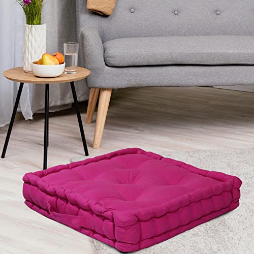 Image of HOME COLORS.IN Cotton Floor Cushion Square Chair Pad Seat Cushion for Living Room, Bedroom, Balcony Seating, Car Seat, Office Chair, Sofa & Meditation - 50x50x10 cm - Pink