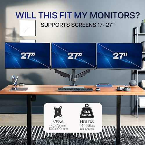 Image of VIVO Triple Monitor Stand, Fully Adjustable Arms for 17 to 27 inch Screens, Mechanical Articulating Desk Mount, Gaming and Office Setups, VESA 75x75, 100x100, Max 19.8 lbs, Classic, Black, STAND-V003O