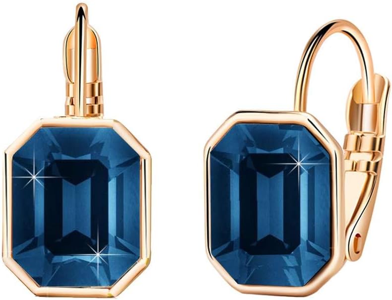 Austrian Crystal Octagon Leverback Drop Earrings for Women 14K Rose Gold Plated Hypoallergenic Jewelry