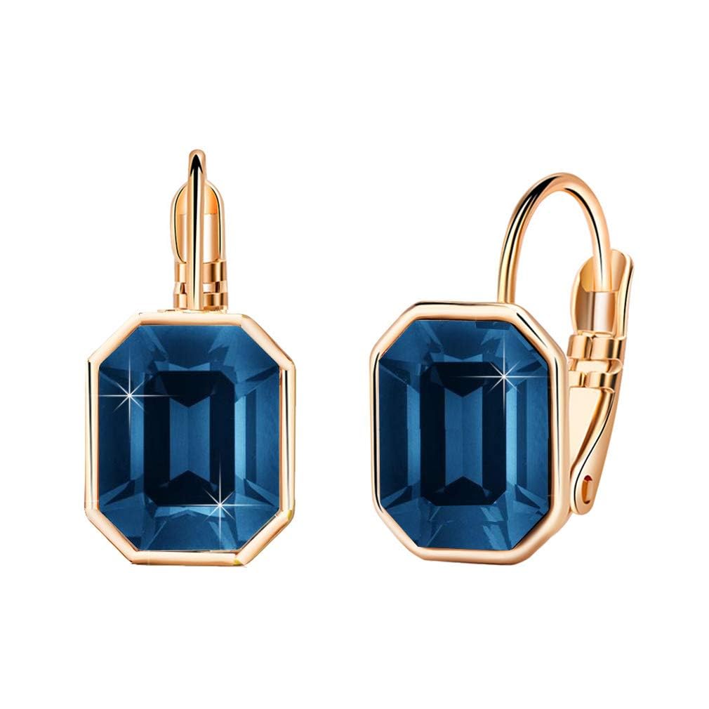 Austrian Crystal Octagon Leverback Drop Earrings for Women 14K Rose Gold Plated Hypoallergenic Jewelry