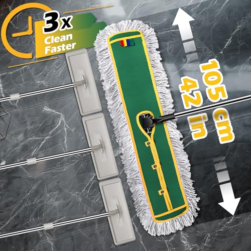 Image of 42 inch Commercial Dust Mop for Floor Cleaning, MASTERTOP Large Flat Mop with Long Handle, Sweeping Broom with 2 Different Mops Pads, Industrial Mop for Hardwood, Tile, Gym, Office, Mall, Warehouse