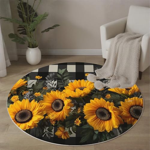Tapis rond 120cm vintage floral noir et jaune antidérapant - 3