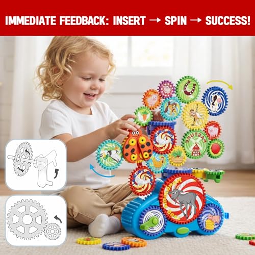 Image of Motorized Gear Building Blocks Toys, Electric Farm Animal Spinning Set Ages 3-6, STEM Learning Construction Kit, Fine Motor Cause-Effect Gift for Boys Girls