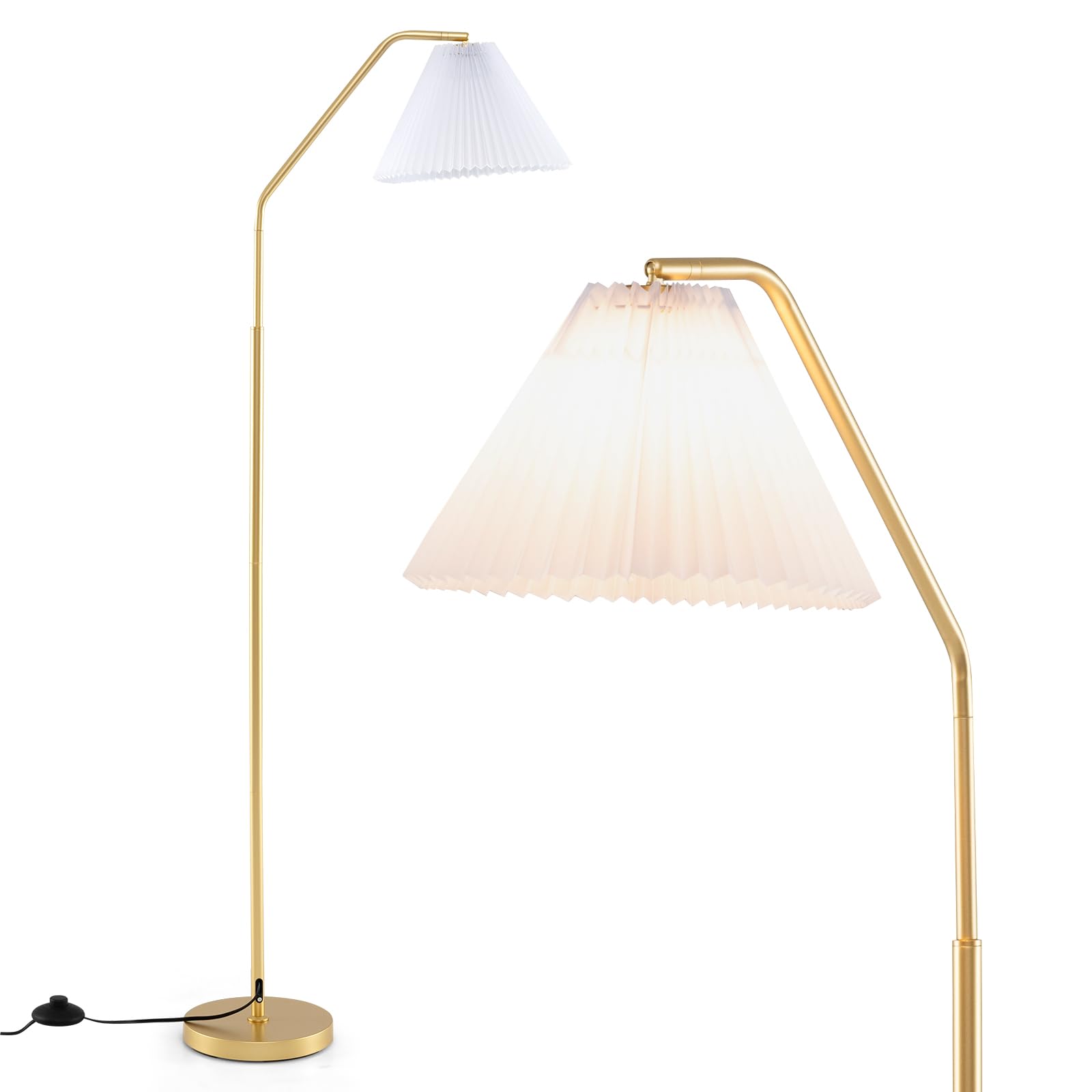 COSTWAY Floor Lamp, 168cm Arc Standing Lamp with Adjustable Head, Pleated Lampshade, Foot Switch & E27 Socket, Modern Corner Tall Reading Light for Bedroom Living Room Office, Bulbs Not Included