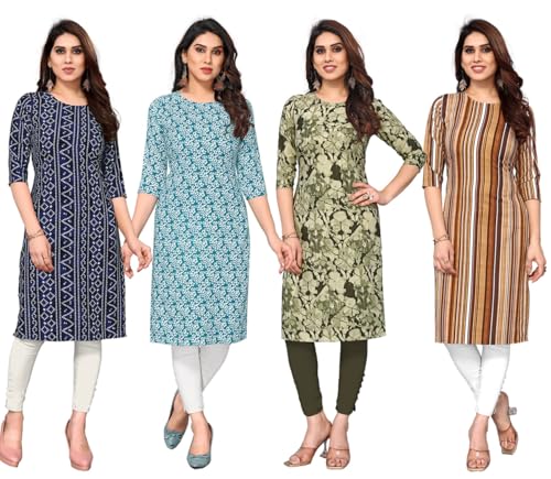 Image of JAKHANA Women's Crepe Printed Casual Straight Calf Length Round Nick Kurta Pack of 4