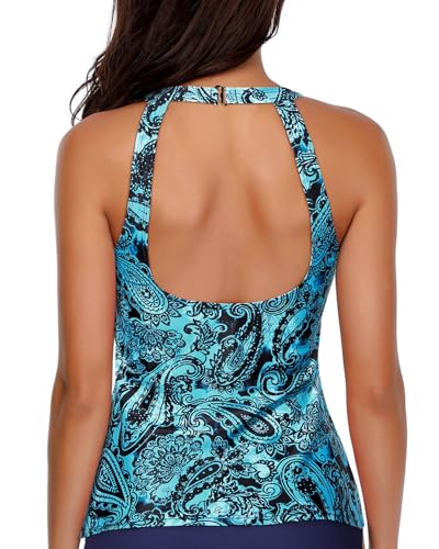 Image of Holipick Tankini Tops for Women High Neck Swim Top Only | Tummy Control, Support Removable Pads, Full Coverage, Open Back, Neck Hook, Soft Stretch Fabric, Beach and Resort