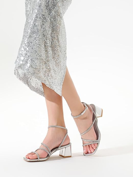 Image of Shoe'N Tale Strappy Heels for Women Low Chunky Block Heel Dress Shoes Square Open Toe Ankle Strap Heeled Sandals