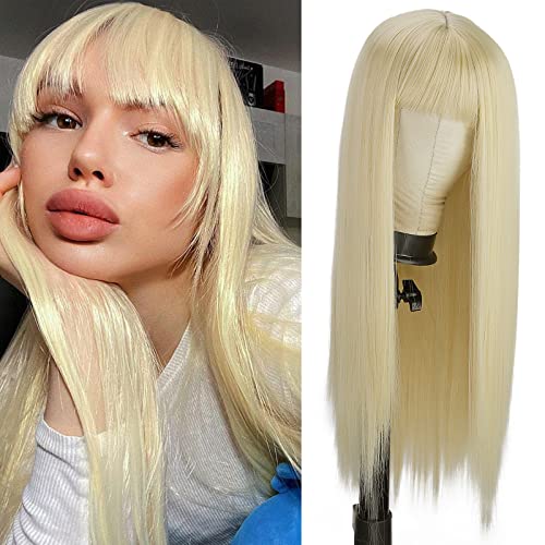 AISI BEAUTY Long Blonde Wig with Bangs Straight Blonde Wigs for Women 24 Inch Synthetic Heat Resistant Cosplay Wigs for Girls Costume Party Wear