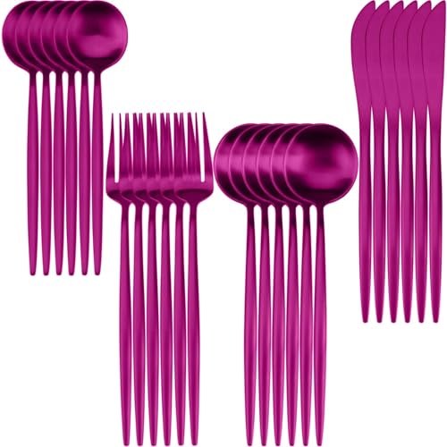 Image of 24 pcs Flatware Set, Pink Silverware Set for 6, Knife Fork Spoon, Stainless Steel Home Dinnerware Tableware,Mixed Cutlery Set Eating Utensils for Restaurants(24 Pcs Pink)