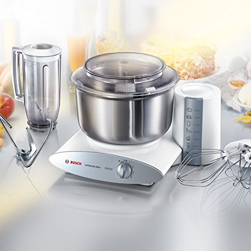 Bosch Küchenmaschine MUM6 Universal Plus MUM6N21, Edelstahl-Schüssel 6,2 L, Mixer 1,5 L, Knethaken, Spatel, Doppel-Schlagbesen, 4 Arbeitsstufen, Momentstufe, Kabelstaufach, 1000 W, weiß