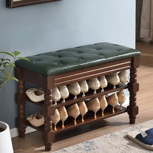 Banc à chaussures en bois vert avec coussin et rangement discret