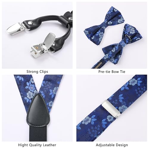 Image of HISDERN Suspenders for Men Paisley Floral Bow tie Suspender Pocket Square Sets Adjustable Y Shape 6 Clips Wedding Braces