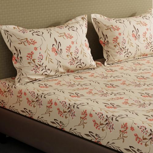 Image of Layers 100% Cotton Fitted Sheet for King Size Bed | Lumina Floret Collection | 144 TC Soft & Breathable | Floral Print with 2 Pillow Covers | Wrinkle Free & Colorfast | 3 Pc Bedding Set - Beige