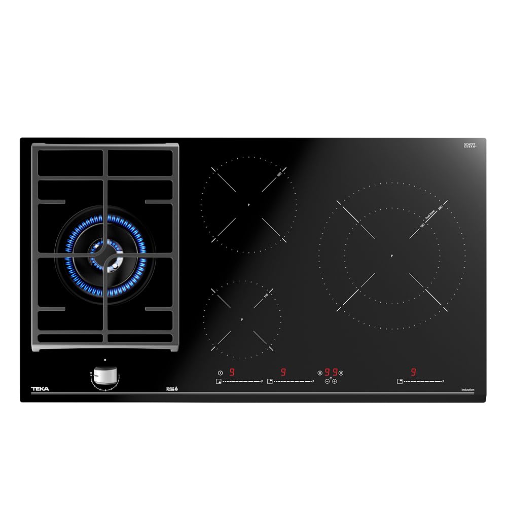 TEKA Placa de Gas Cristal + Inducción Hybrid 90 cm, 4 Zonas (3 Inducción + 1 Gas), Touch Control Multislider, ExactFlame, Doble Anillo, Stop&Go, Modelo JZC 94313 ABN