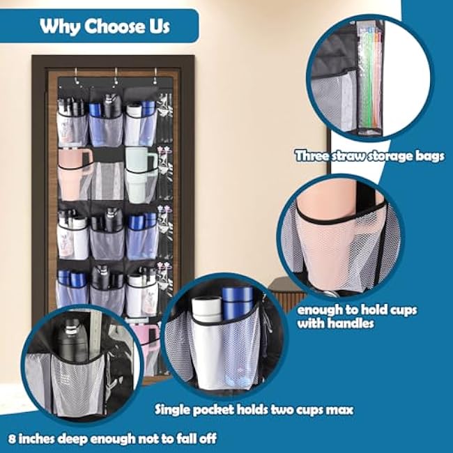 AIERSA Tumbler Organizer for Stanley 40 30 oz Cups,15 Large Water Bottle Storage Pockets Over the Door for Various Sizes Cup, Tumbler Storage Holder, Kitchen Cabinets Organizers Accessories