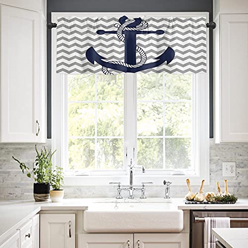 Vograud Nautical Navy Anchor Valance Curtain Grey And White Chevron Zig Zag Ripple Rod Pocket Window Curtain Washable Window Treatment For Kitchen Living Room Bedroom Home Decor 54X18In #TOP1