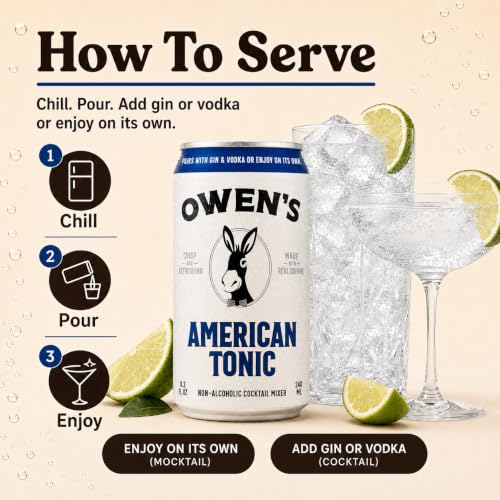 Image of Owen's Premium Non-Alcoholic Sparkling Cocktail and Mocktail Mixer, Drink Mixer for Cocktails, Mocktails, and Party Beverage, 24 Pack of 8.2 fl oz Cans (American Tonic)
