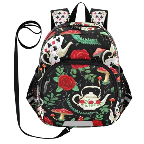 Teapot Mushroom Plant Black Toddler Harness Backpack for Boys Girls 3-6 Years Kids Backpack with Anti Lost Safety Leash Baby Protection Backpack for Preschool Walking Travel