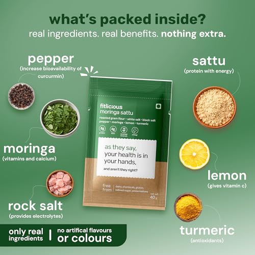 Image of fitlicious Moringa Sattu Powder | Bihari Chana Sattu | Natural & Organic | Gluten-Free, Non-GMO | High Protein & Fiber | Instant PremiX | Healthy Drink For All Ages | Pack Of 10 X 40g Sachets