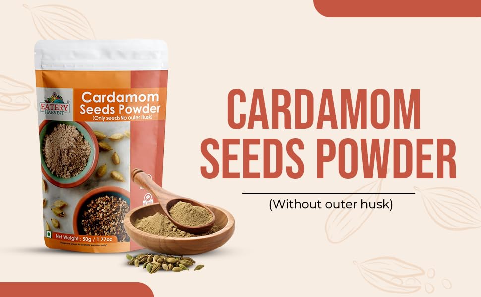 Image of Eatery Harvest by Saipro Cardamom Seed Powder(Without outer husk) 50 g, Elaichi powder, Festive ready, Finely Ground, Organic, Non-GMO, Gluten Free, Vegan, Fragrant, Authentic Taste, Aromatic Flavour For Sweets Bevarages & Savoury dishes
