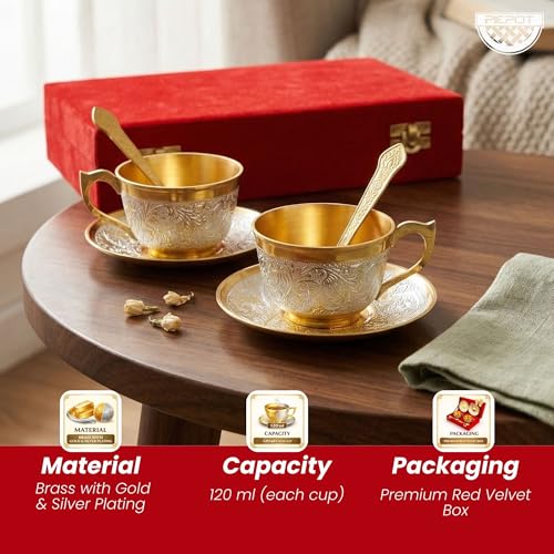 Image of Silver Plated Cup Saucer Set in Velvet Box | Cup Saucer Set of 6 for Tea (2 Cup + 2 Saucer + 2 Spoon) | Tea /Coffee Cups 120 ml | Dishwasher Safe | Ideal for Daily Use & Gifting